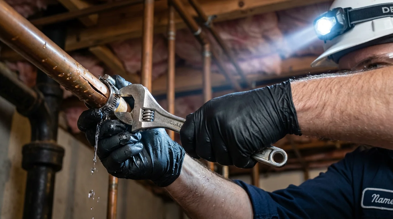 Emergency pipe clamp repair being performed by a Johns Plumbing LLC plumber in Franklinton