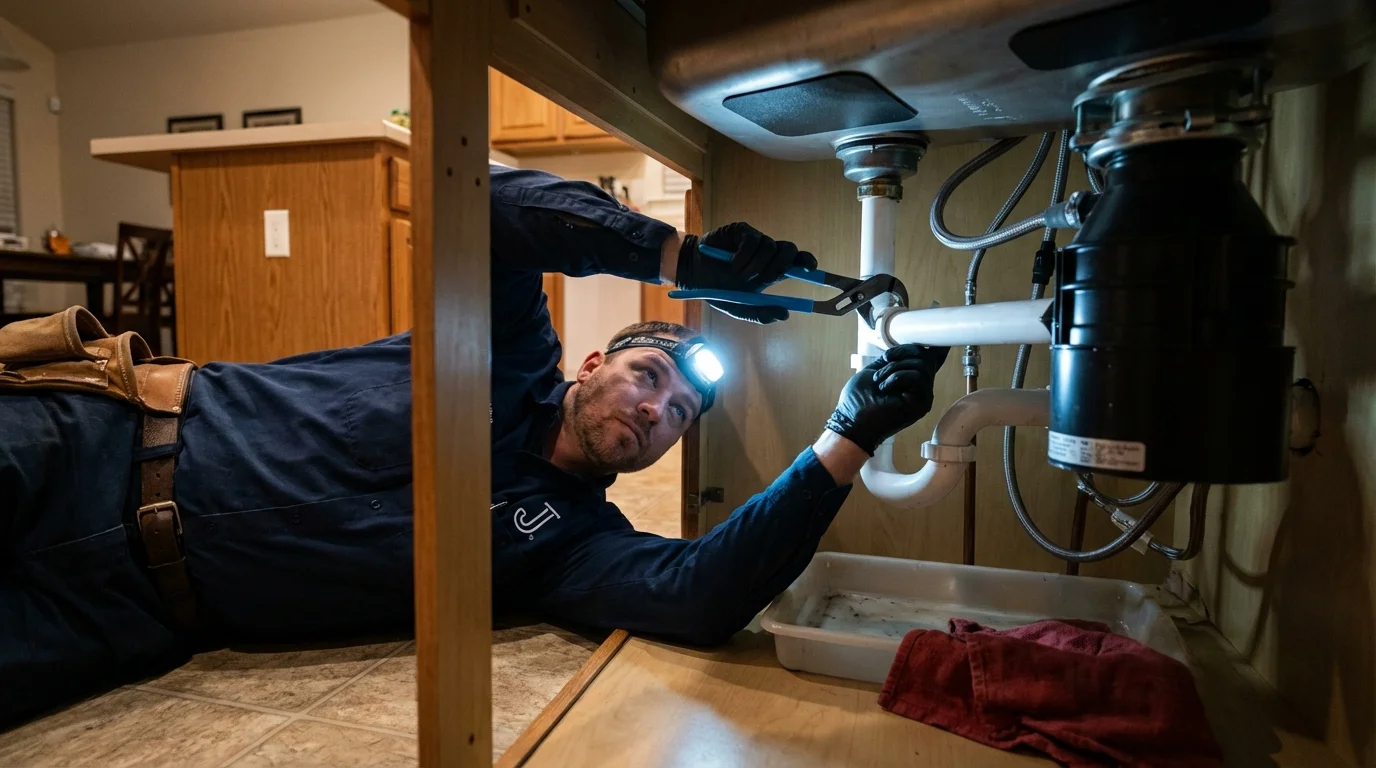 P-trap and supply line connections under a kitchen sink showing a common leak point in Franklinton, LA